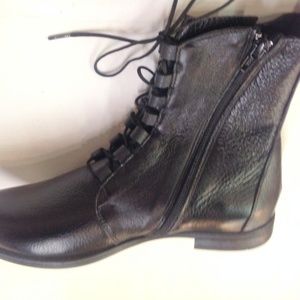 Bangi Black Leather Boot Lace-Up Look Side Zip